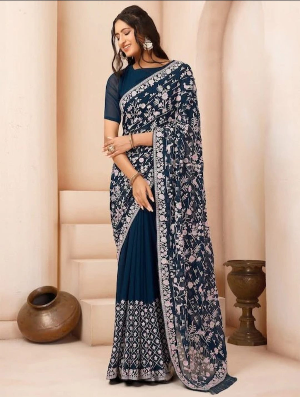 Vamika Embroidery Rama Green Georgette Bollywood Saree | Grocsy