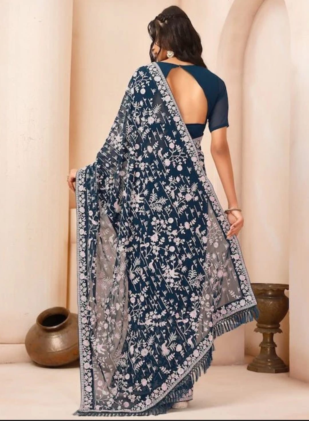Vamika Embroidery Rama Green Georgette Bollywood Saree | Grocsy