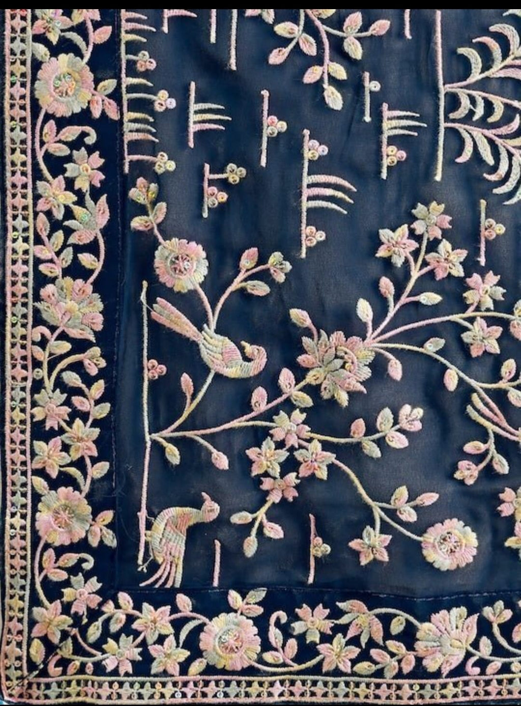 Vamika Embroidery Rama Green Georgette Bollywood Saree | Grocsy
