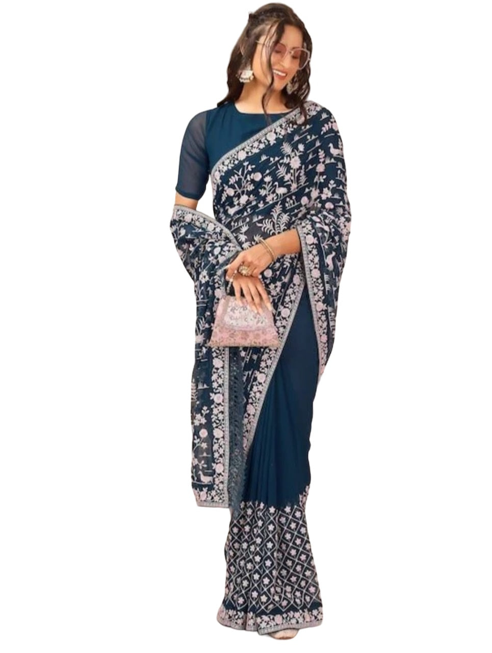 Vamika Embroidery Rama Green Georgette Bollywood Saree | Grocsy