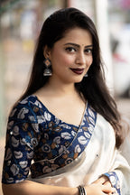 Cream Pure Linen Ethnic Motifs Saree with Unstitched Blouse - A2M | Grocsy