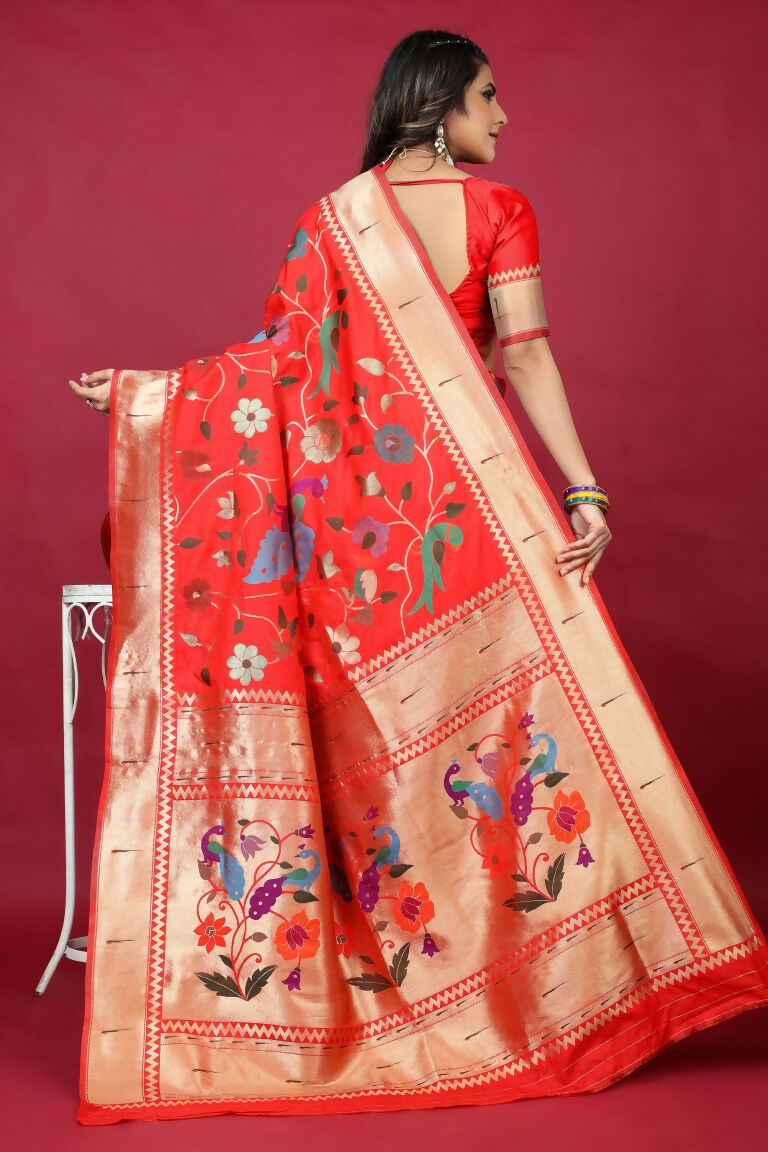 Jyoti Fashion Women's Red Paithani Silk Zari Woven Saree with Blouse | Grocsy