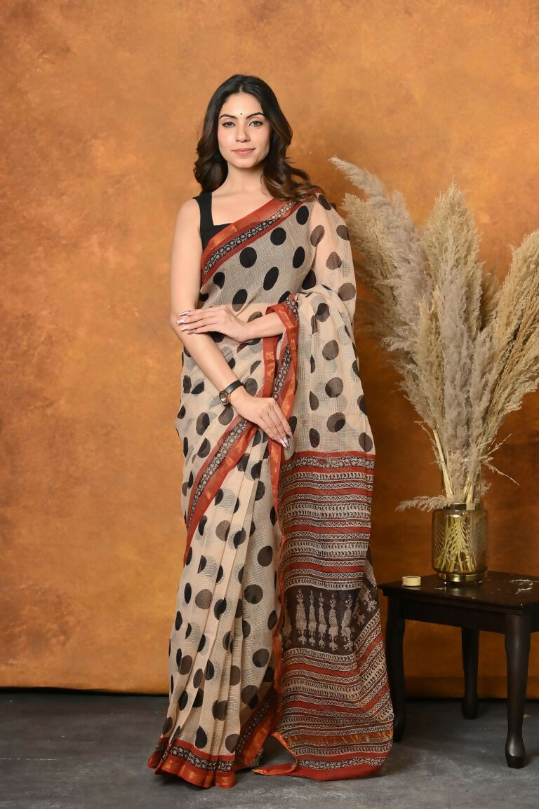 Very Much Indian Handblock Printed Cotton Saree With Natural Dyes - White | Grocsy