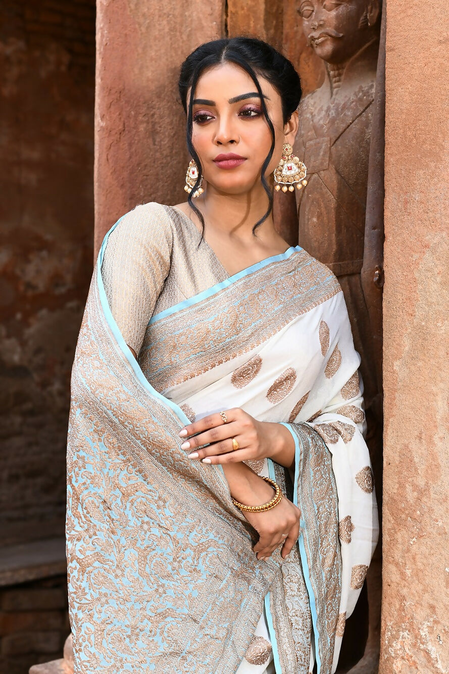 Joban Fashion Light Sky Blue Crepe Chiffon Pure Handloom Banarasi Silk Saree | Grocsy