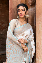 Joban Fashion Light Sky Blue Crepe Chiffon Pure Handloom Banarasi Silk Saree | Grocsy