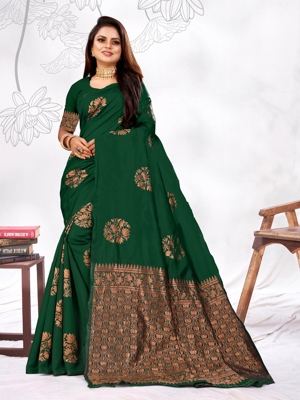 Vedant Vastram Litchi Silk Designer Banarasi Saree - Green | Grocsy