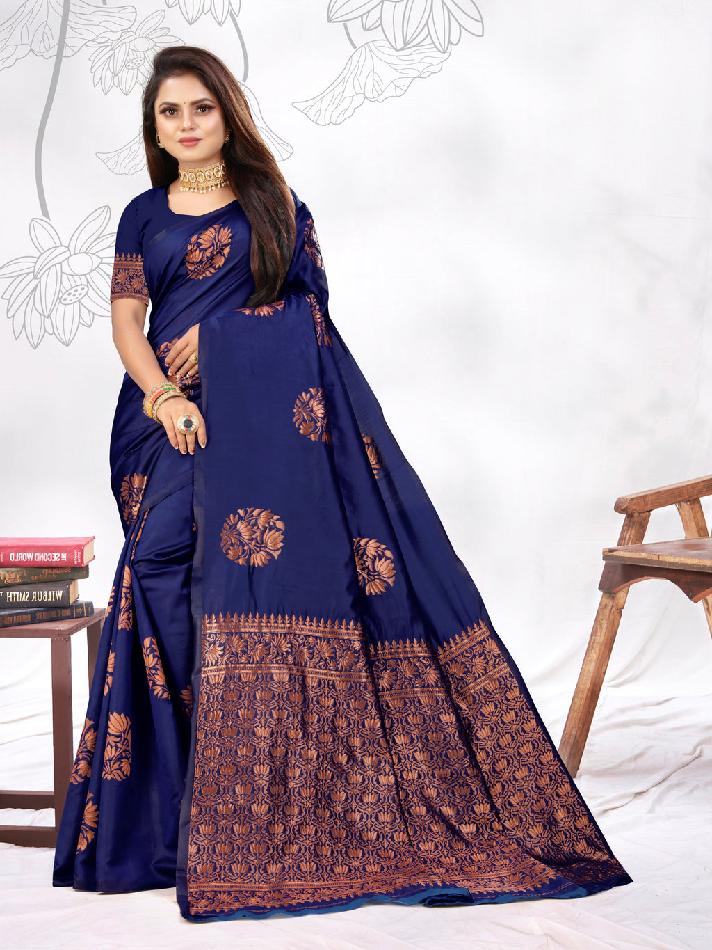 Vedant Vastram Litchi Silk Designer Banarasi Saree - blue | Grocsy