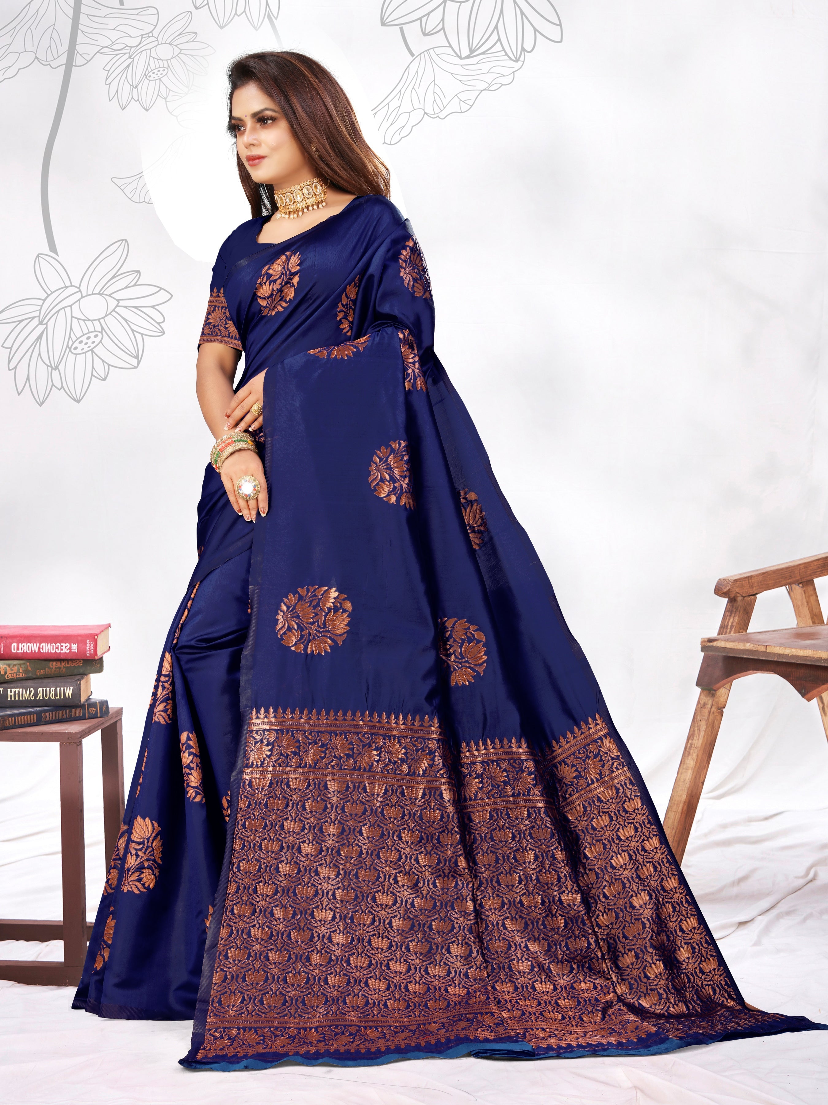 Vedant Vastram Litchi Silk Designer Banarasi Saree - blue | Grocsy