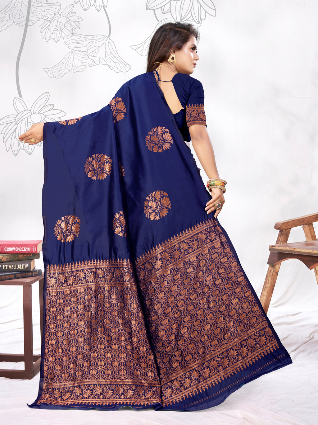 Vedant Vastram Litchi Silk Designer Banarasi Saree - blue | Grocsy