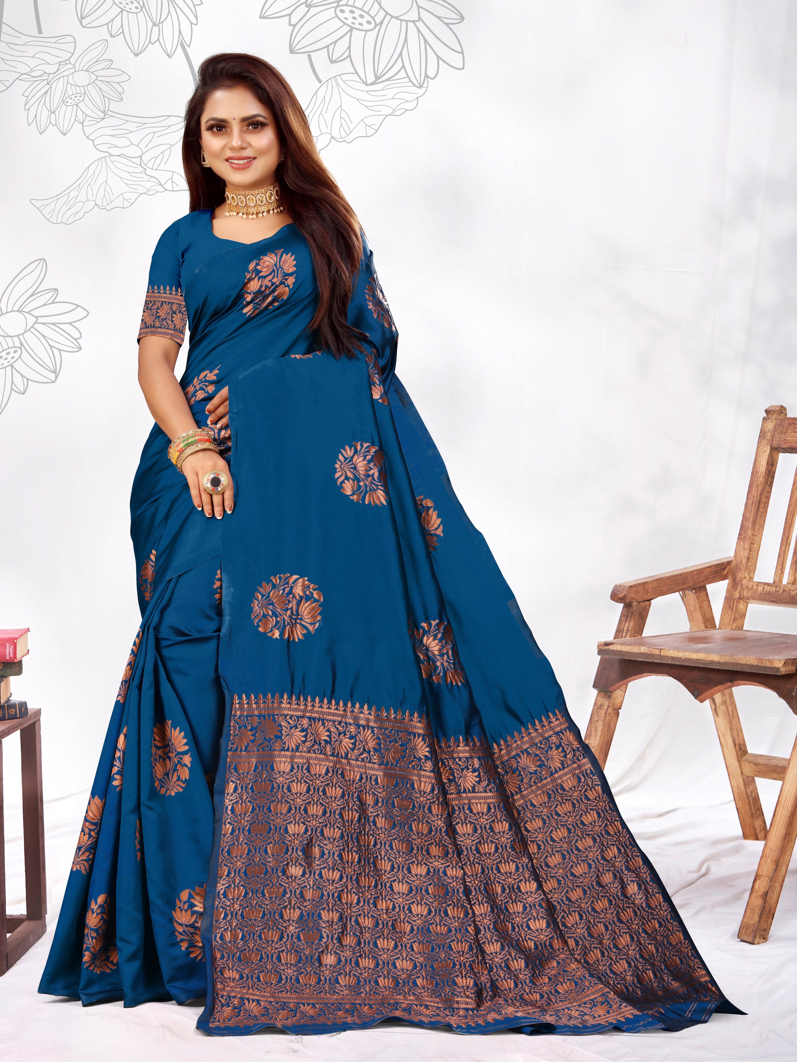 Vedant Vastram Litchi Silk Designer Banarasi Saree - Rama | Grocsy