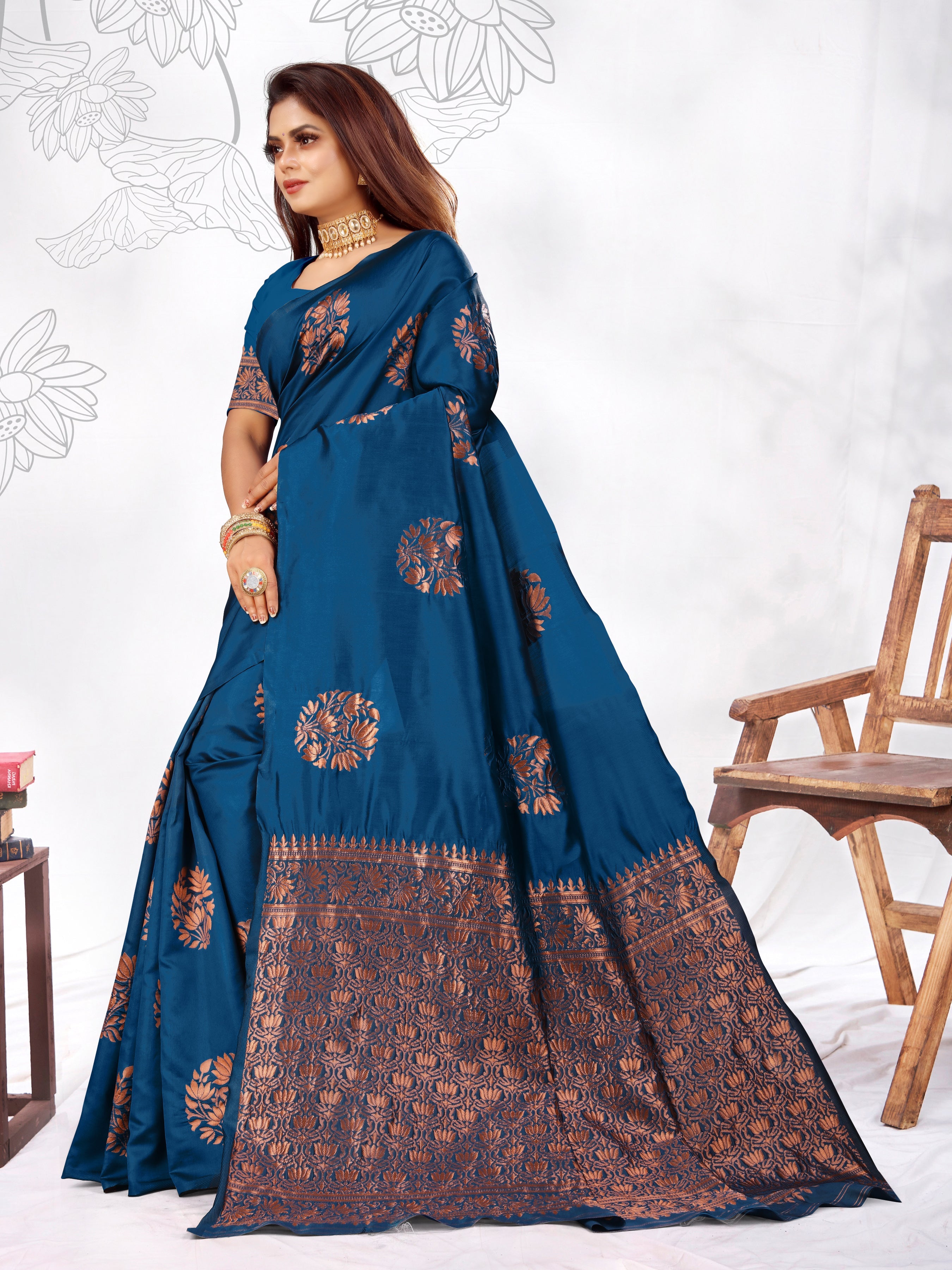 Vedant Vastram Litchi Silk Designer Banarasi Saree - Rama | Grocsy
