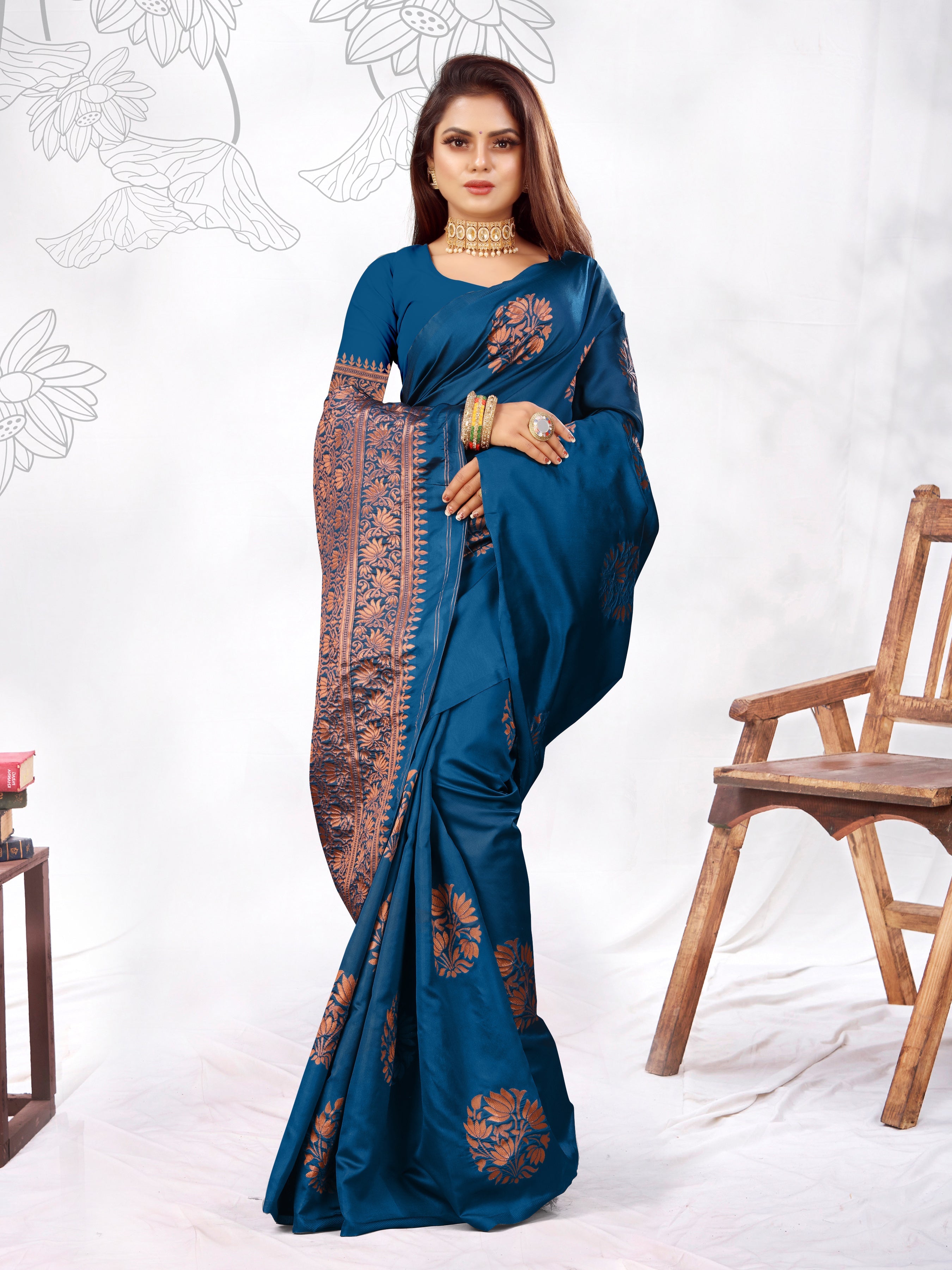 Vedant Vastram Litchi Silk Designer Banarasi Saree - Rama | Grocsy