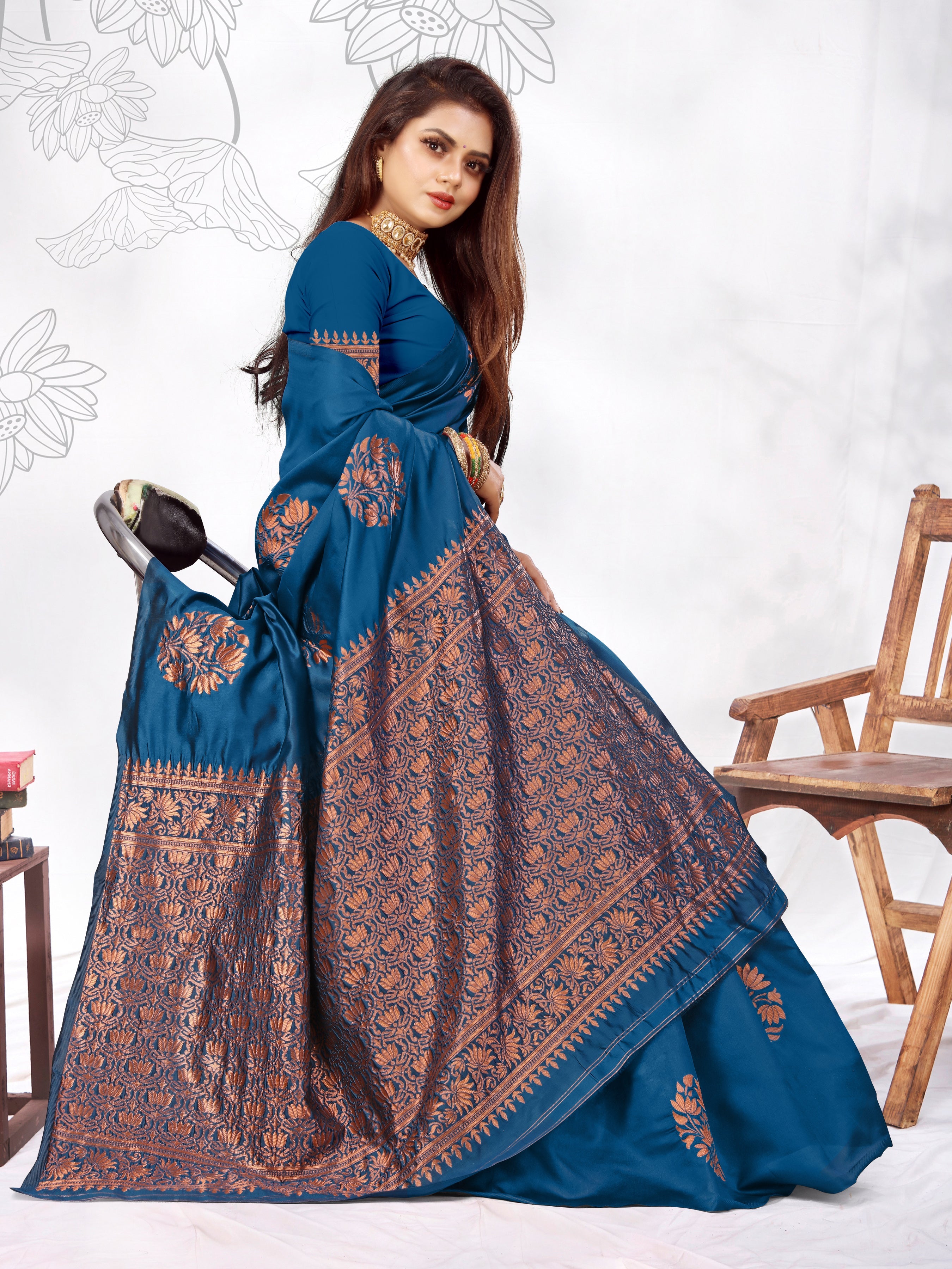 Vedant Vastram Litchi Silk Designer Banarasi Saree - Rama | Grocsy