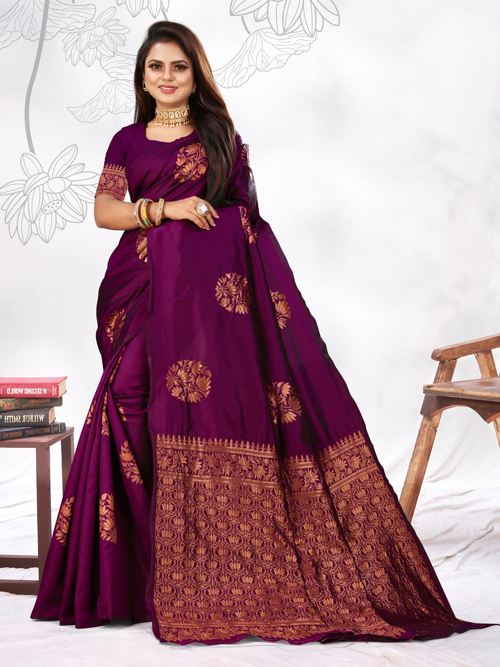 Vedant Vastram Litchi Silk Designer Banarasi Saree - Wine | Grocsy