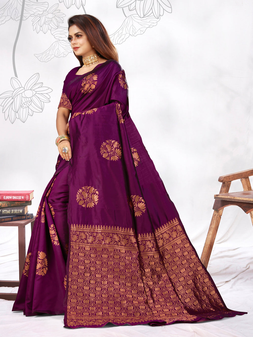 Vedant Vastram Litchi Silk Designer Banarasi Saree - Wine | Grocsy
