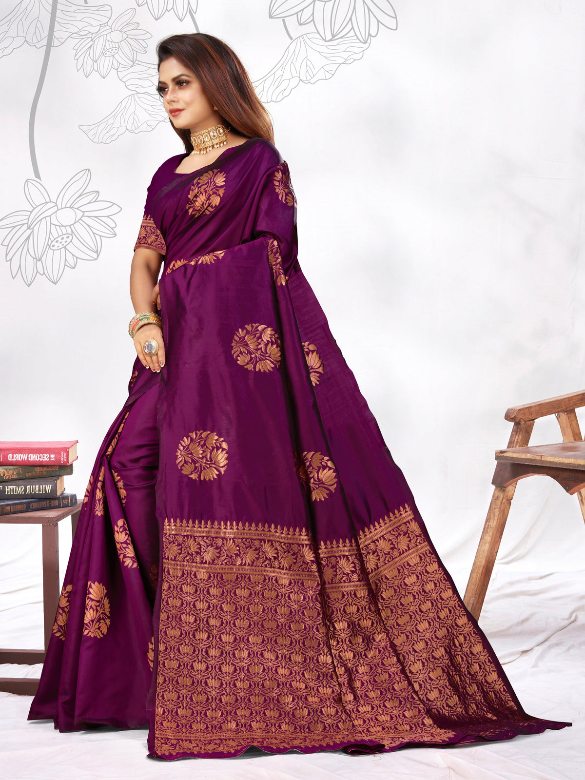 Vedant Vastram Litchi Silk Designer Banarasi Saree - Wine | Grocsy