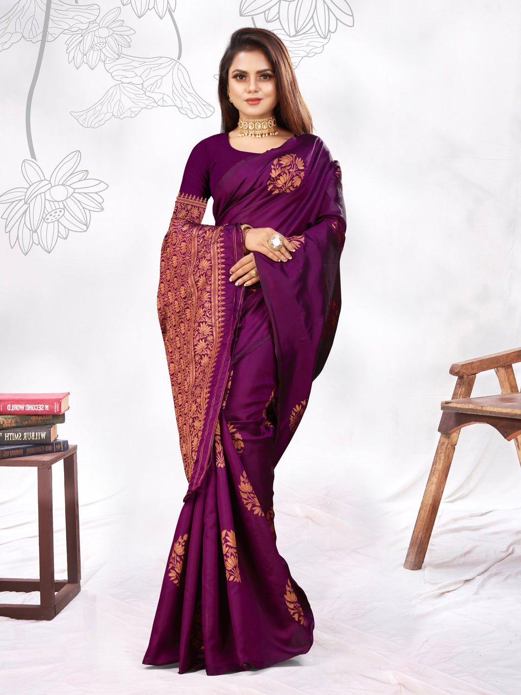 Vedant Vastram Litchi Silk Designer Banarasi Saree - Wine | Grocsy