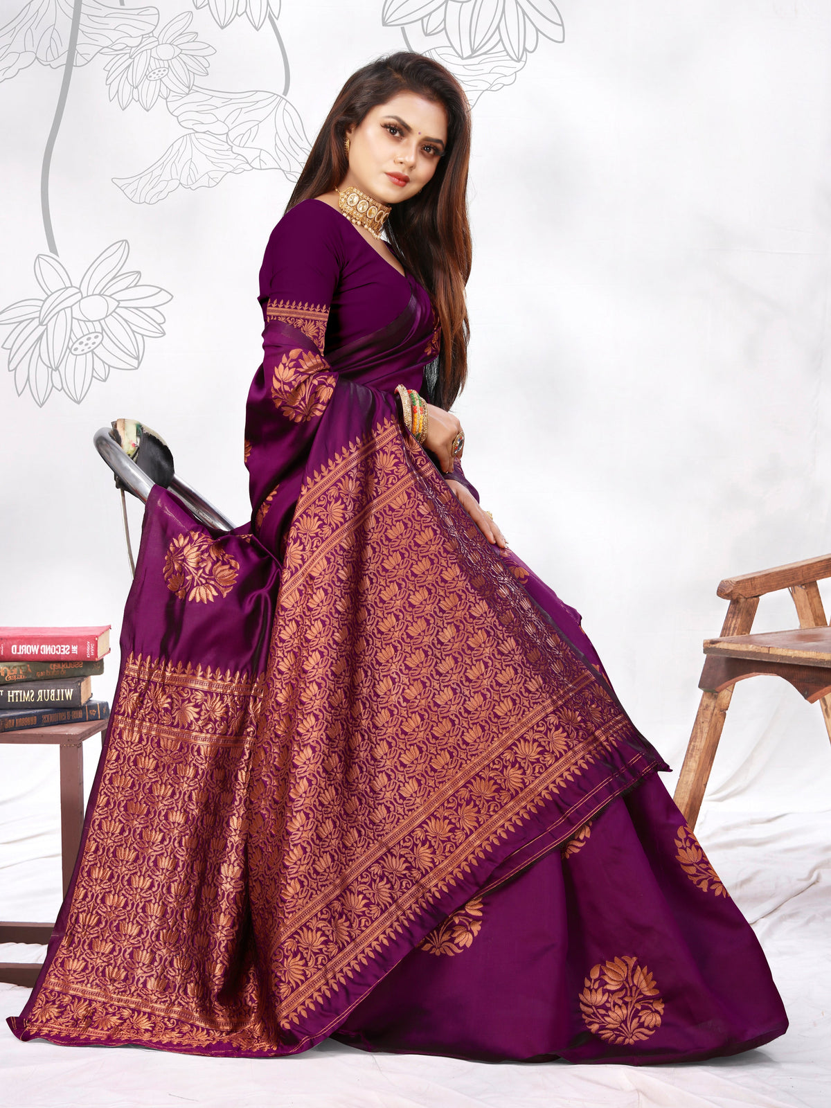 Vedant Vastram Litchi Silk Designer Banarasi Saree - Wine | Grocsy