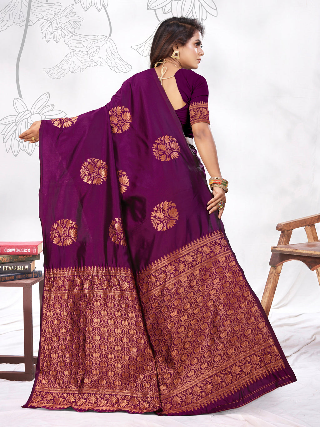 Vedant Vastram Litchi Silk Designer Banarasi Saree - Wine | Grocsy