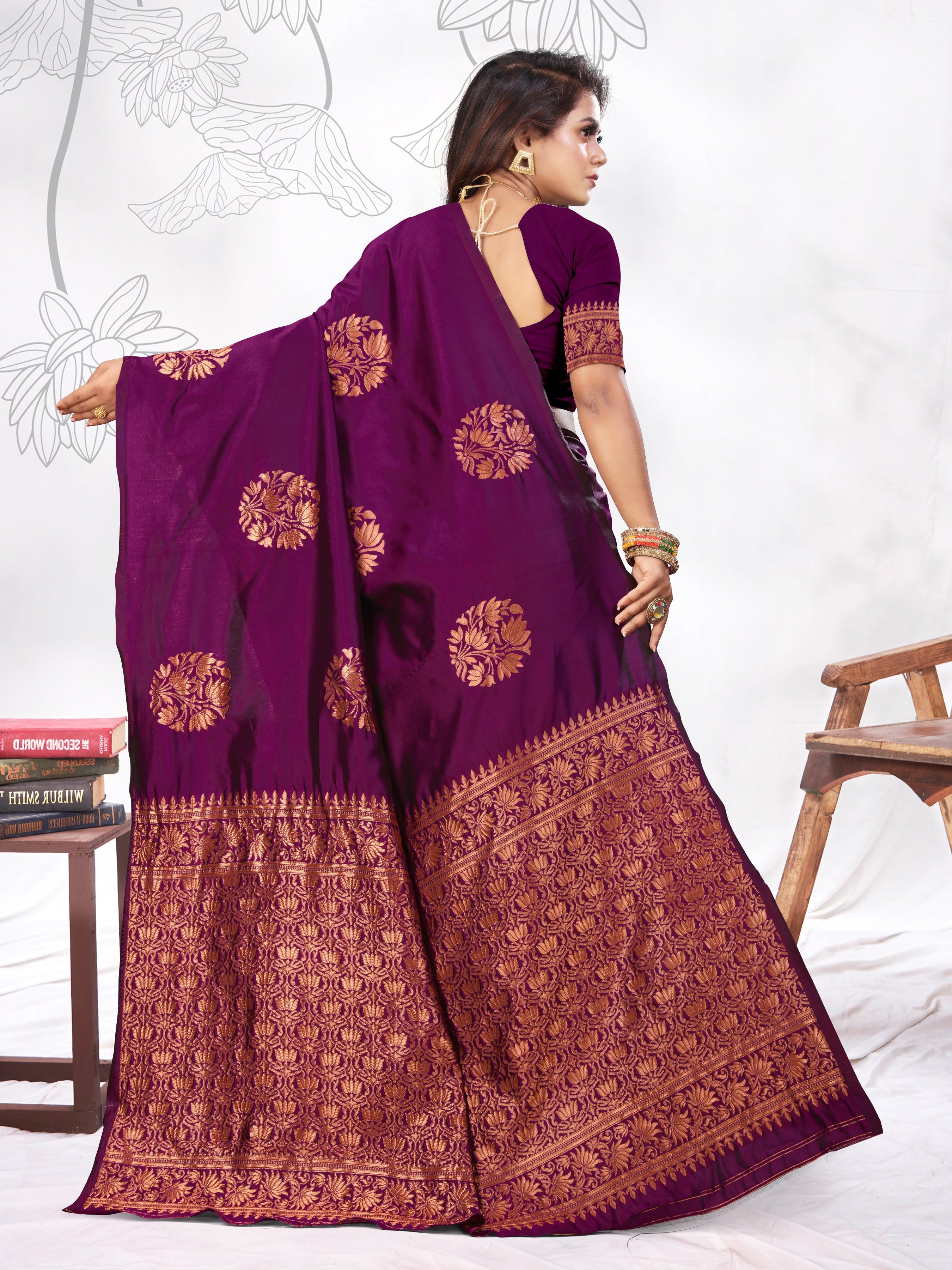 Vedant Vastram Litchi Silk Designer Banarasi Saree - Wine | Grocsy