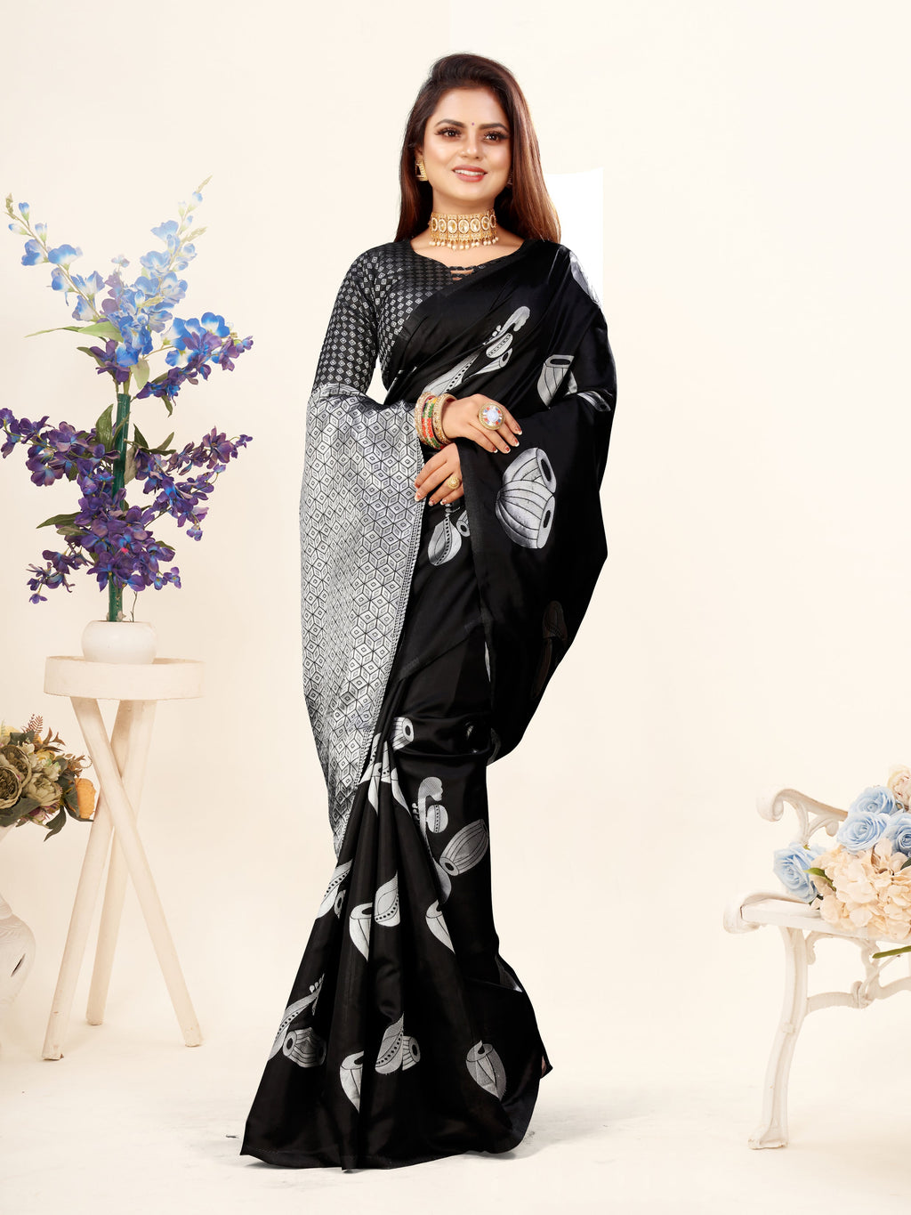 Vedant Vastram Litchi Silk Designer Banarasi Saree - Black | Grocsy