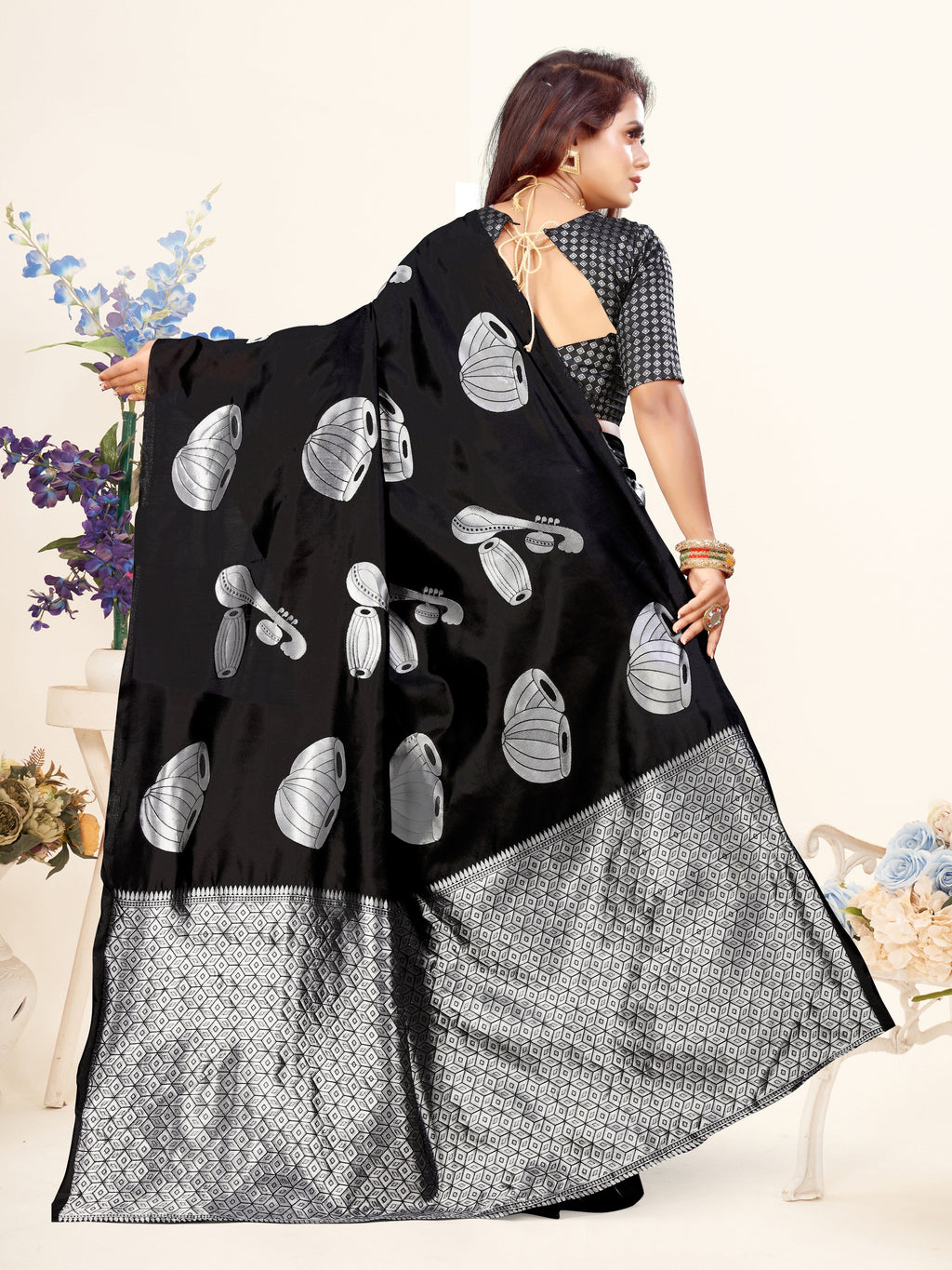 Vedant Vastram Litchi Silk Designer Banarasi Saree - Black | Grocsy