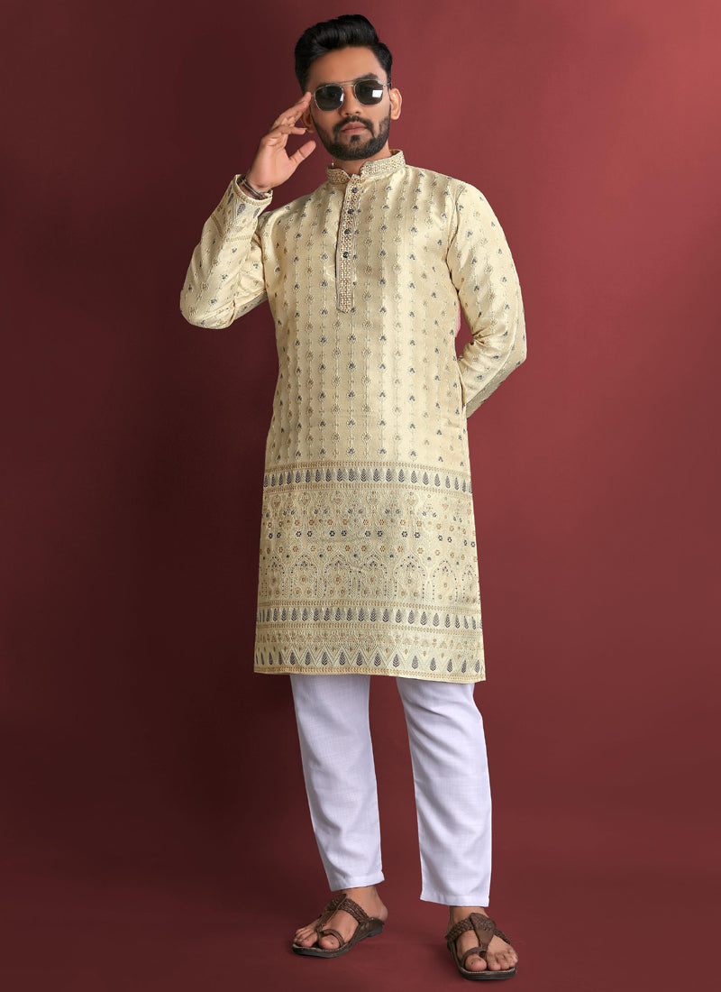 Prazu Fashion Cream Jacquard Silk Amboj Work Kurta | Grocsy
