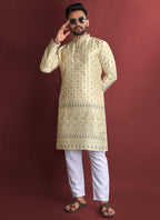 Prazu Fashion Cream Jacquard Silk Amboj Work Kurta | Grocsy