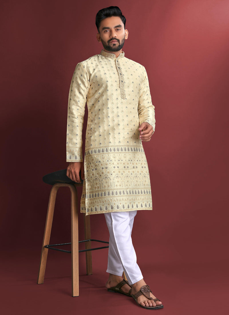 Prazu Fashion Cream Jacquard Silk Amboj Work Kurta | Grocsy