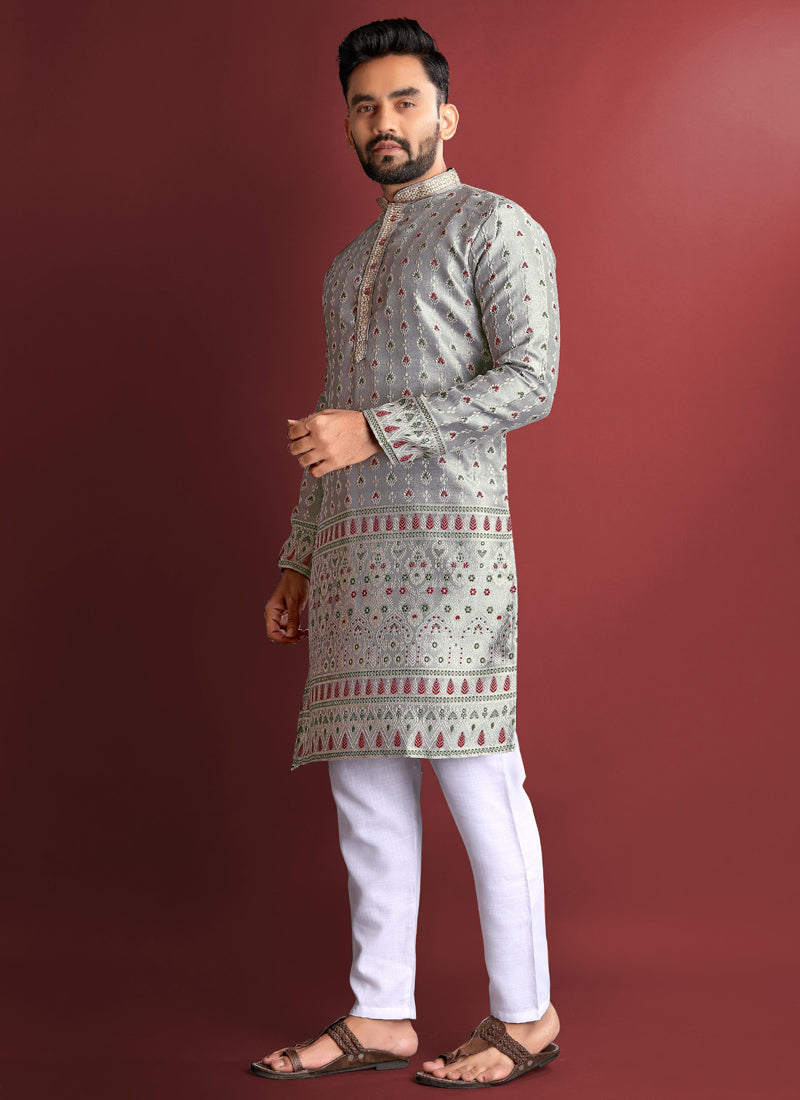 Prazu Fashion Grey Jacquard Silk Amboj Work Kurta | Grocsy