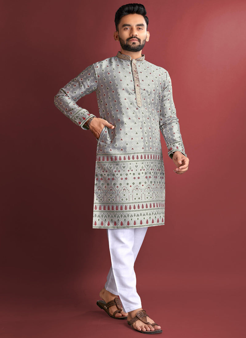 Prazu Fashion Grey Jacquard Silk Amboj Work Kurta | Grocsy