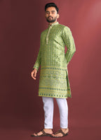 Prazu Fashion Light Green Jacquard Silk Amboj Work Kurta | Grocsy