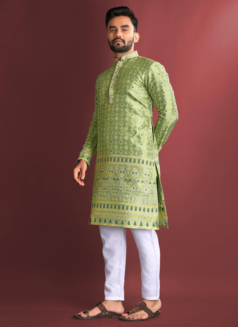 Prazu Fashion Light Green Jacquard Silk Amboj Work Kurta | Grocsy
