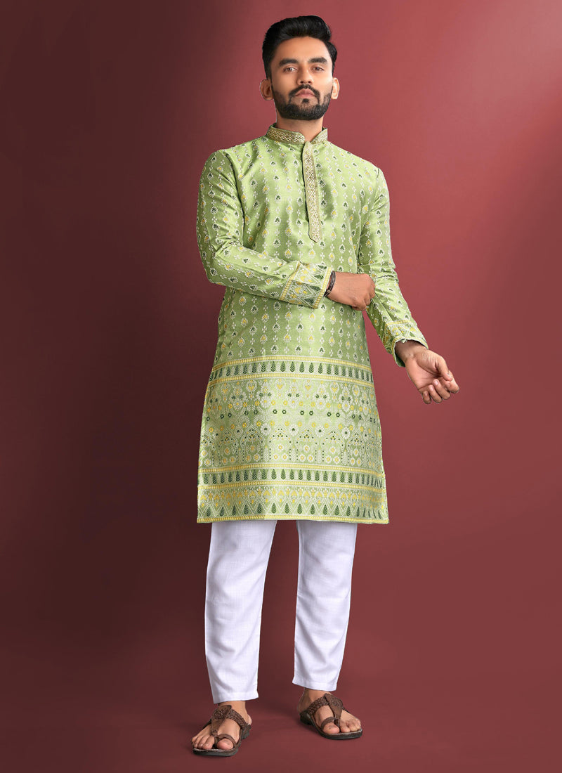 Prazu Fashion Light Green Jacquard Silk Amboj Work Kurta | Grocsy