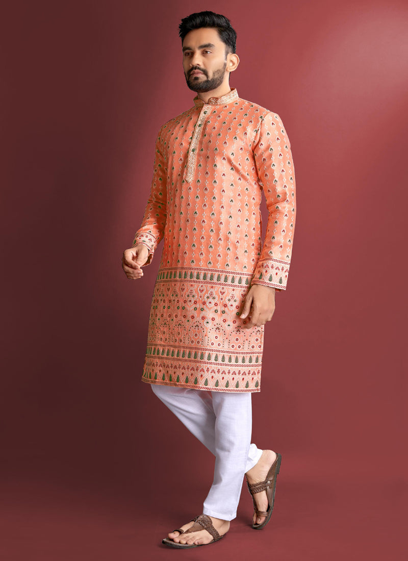 Prazu Fashion Orange Jacquard Silk Amboj Work Kurta | Grocsy