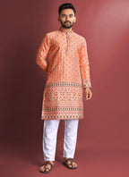 Prazu Fashion Orange Jacquard Silk Amboj Work Kurta | Grocsy