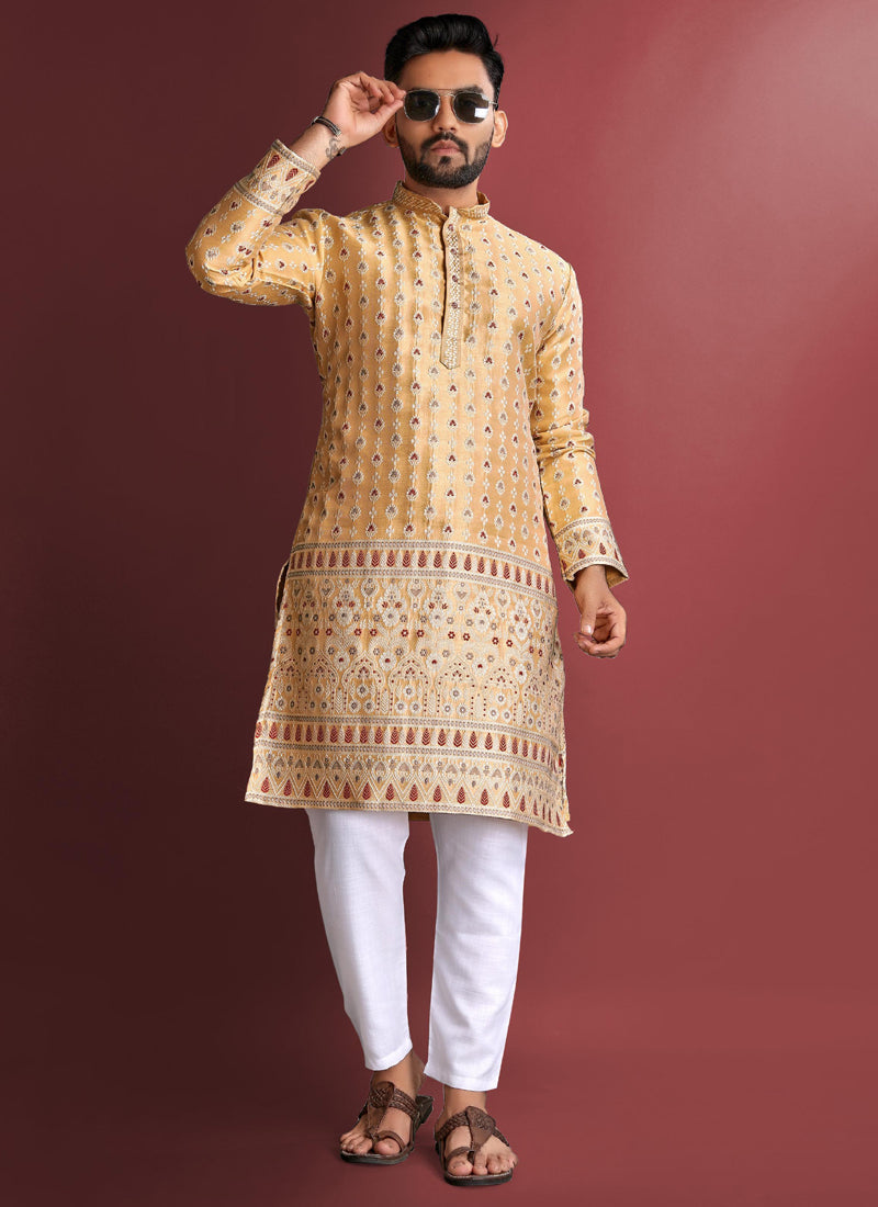 Prazu Fashion Light Yellow Jacquard Silk Amboj Work Kurta | Grocsy