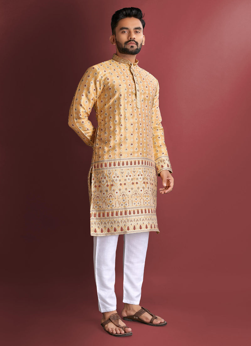 Prazu Fashion Light Yellow Jacquard Silk Amboj Work Kurta | Grocsy