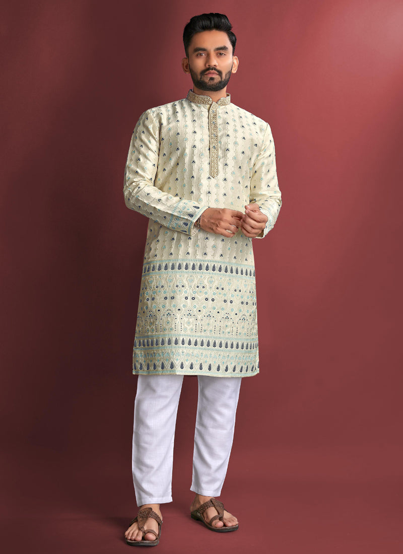 Prazu Fashion Off White Jacquard Silk Amboj Work Kurta | Grocsy
