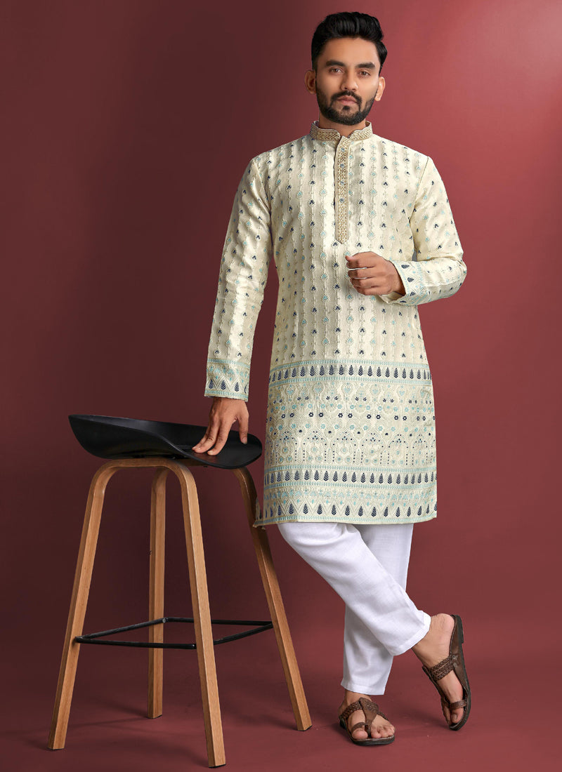 Prazu Fashion Off White Jacquard Silk Amboj Work Kurta | Grocsy