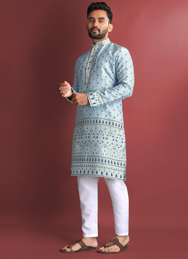 Prazu Fashion Sky Blue Jacquard Silk Amboj Work Kurta | Grocsy
