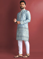 Prazu Fashion Sky Blue Jacquard Silk Amboj Work Kurta | Grocsy