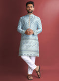 Prazu Fashion Sky Blue Jacquard Silk Amboj Work Kurta | Grocsy