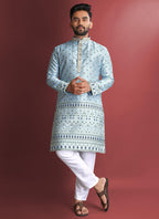 Prazu Fashion Sky Blue Jacquard Silk Amboj Work Kurta | Grocsy