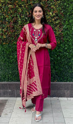 Lorenvalley Fashion Maroon Roman Silk Hand Work Kurta Pant with Dupatta | Grocsy