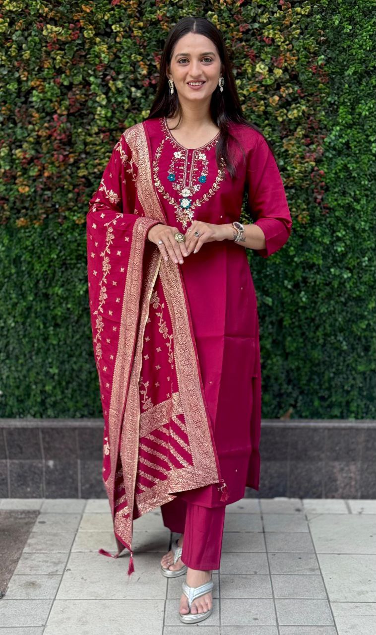 Lorenvalley Fashion Maroon Roman Silk Hand Work Kurta Pant with Dupatta | Grocsy