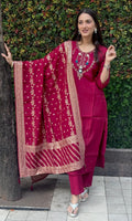 Lorenvalley Fashion Maroon Roman Silk Hand Work Kurta Pant with Dupatta | Grocsy
