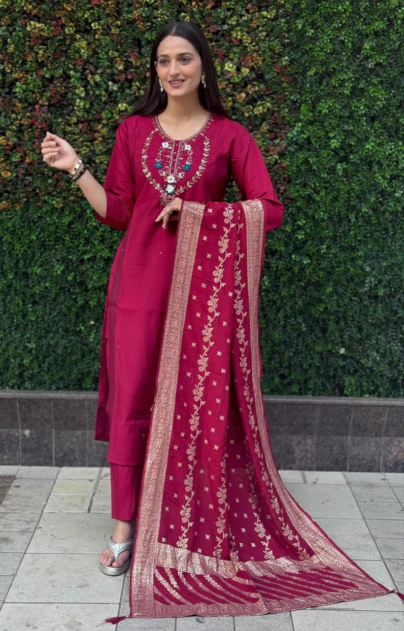 Lorenvalley Fashion Maroon Roman Silk Hand Work Kurta Pant with Dupatta | Grocsy