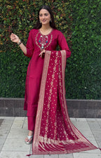 Lorenvalley Fashion Maroon Roman Silk Hand Work Kurta Pant with Dupatta | Grocsy
