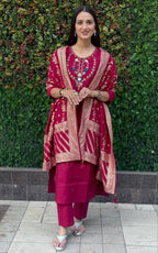 Lorenvalley Fashion Maroon Roman Silk Hand Work Kurta Pant with Dupatta | Grocsy